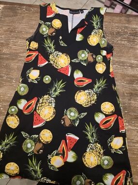New York & Company Black Tropical Fruit Print Midi Dress